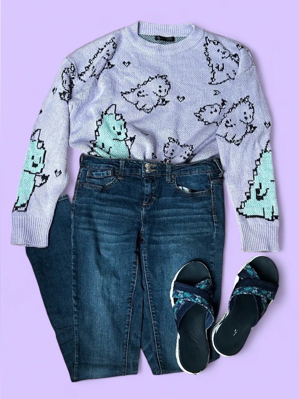 SHEIN Purple Pixel Dinosaur Sweater